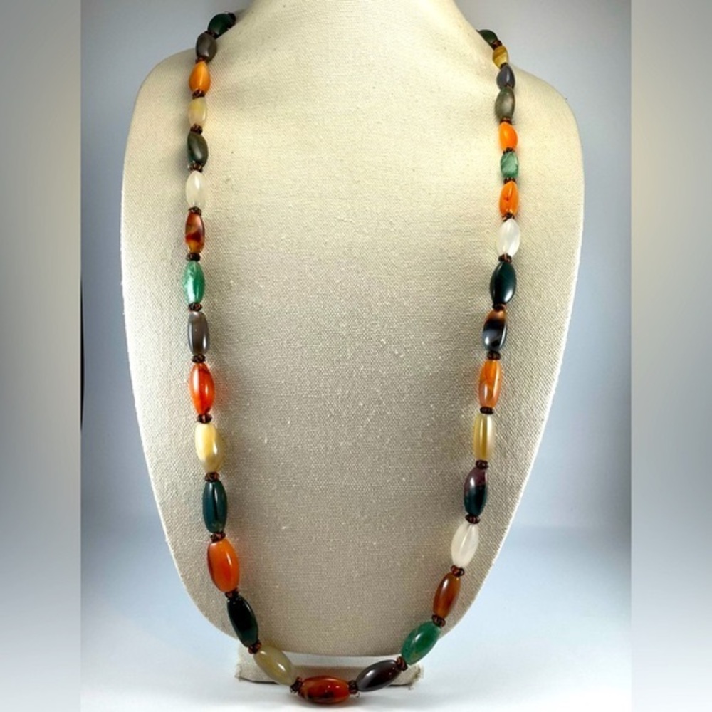 Vintage Multi Colored Natural Polished Agate Aventurine Stone Necklace Stunning